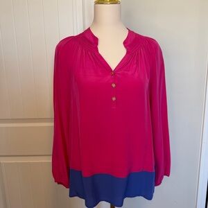 Lilly Pulitzer Elsa silk blouse in a vivid pink and blue colorblock pattern